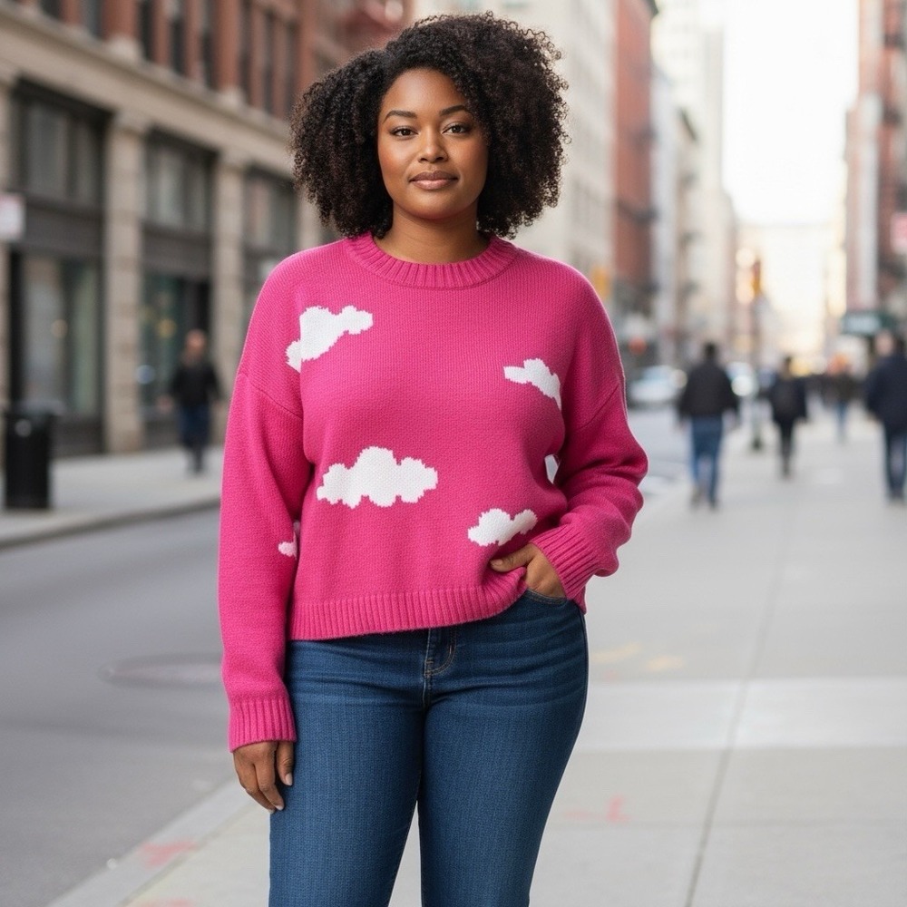 FCT With‎ Love Junior Or Women's Crop Pink Sweater With Clouds Size XL